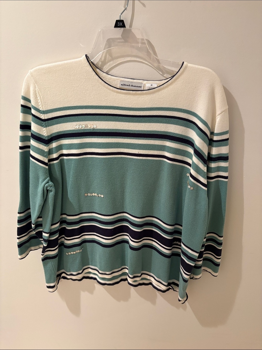 Alfred Dunner Cream, Teal & Navy Striped Crew Neck Sweater